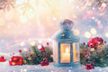 Decorative Christmas scene with a lantern, candles, and festive elements on a snowy background.