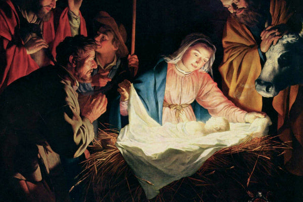 Painting of the Nativity scene with Mary holding Jesus in a manger, surrounded by shepherds and wise men.
