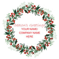 Decorative wreath with red berries and green leaves on a white background, featuring text for seasons greetings.