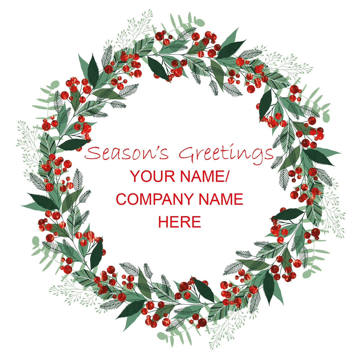 Decorative wreath with red berries and green leaves on a white background, featuring text for seasons greetings.
