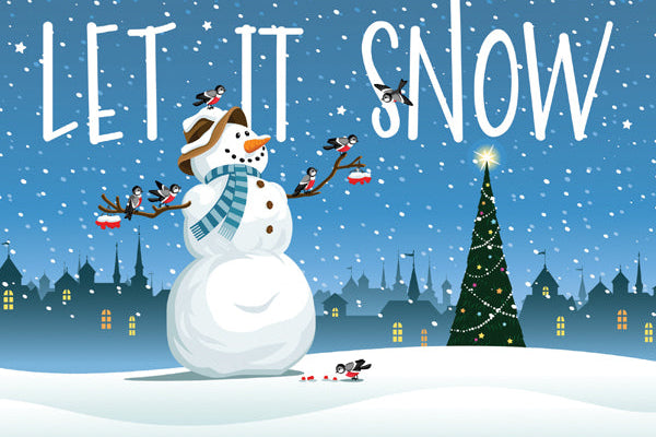 Cartoon snowman with skiers and a Christmas tree against a snowy landscape with 'Let It Snow' text.