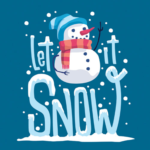 Cartoon snowman with 'Let It Snow' text on a blue background