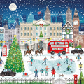 A festive illustrated London cityscape at Christmas, with snow falling, a large Christmas tree, red double-decker buses, people skating on an ice rink, historic buildings, and a moon in the night sky.