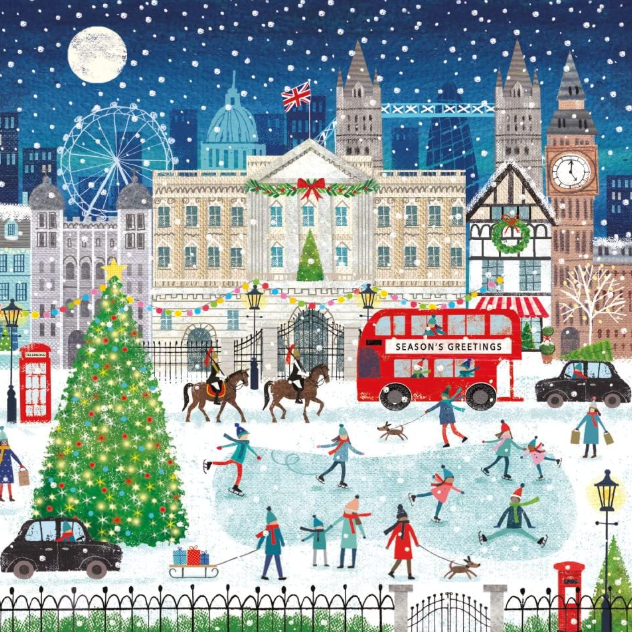 A festive illustrated London cityscape at Christmas, with snow falling, a large Christmas tree, red double-decker buses, people skating on an ice rink, historic buildings, and a moon in the night sky.