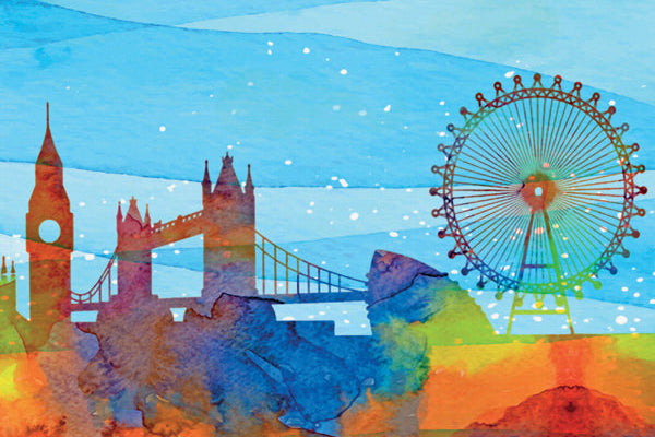 Colorful abstract art with landmarks including a Ferris wheel and Big Ben.