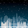 Silhouette of London skyline with famous landmarks against a starry night sky.