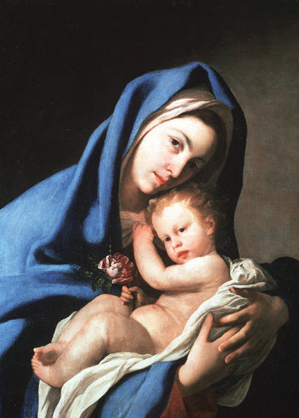 Painting of a woman holding a child with a blue hood and dark background