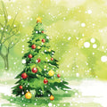 Watercolor-style Christmas tree illustration with green foliage, red and gold ornaments, a gold star topper, and falling white snow on a soft yellow-green background.