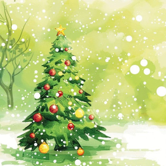 Watercolor-style Christmas tree illustration with green foliage, red and gold ornaments, a gold star topper, and falling white snow on a soft yellow-green background.