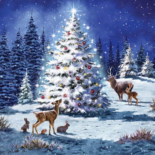 Winter scene with a decorated Christmas tree, deer, and rabbits in a snowy landscape.
