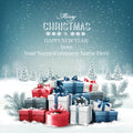 Stack of Christmas presents with a snowy landscape and text overlay on a blue background