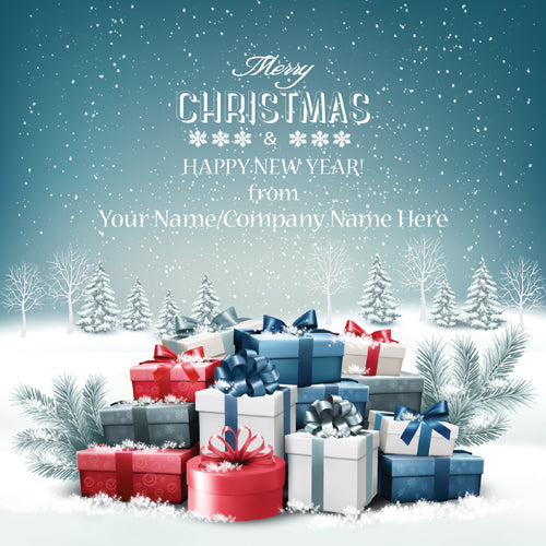 Stack of Christmas presents with a snowy landscape and text overlay on a blue background
