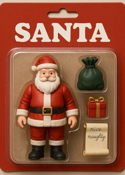 Santa Claus figurine set in packaging with 'SANTA' text on a red background