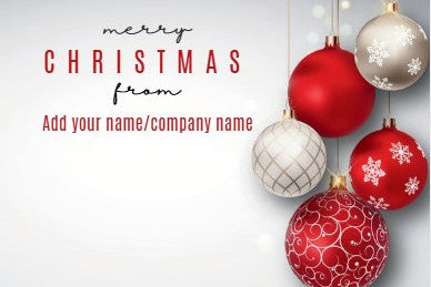 Christmas greeting card design with hanging red and silver ornaments on the right. Add your 'name/company name' on a light grey background.