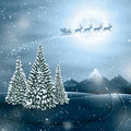 Winter scene with snow-covered trees, mountains, and Santa's sleigh with reindeer.