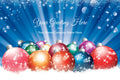 Colorful Christmas ornaments with a blue background and text space for greetings and names.