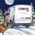 Van with Santa Claus driving through a snowy landscape with trees, featuring a reindeer and a 'Company Logo' on the back.