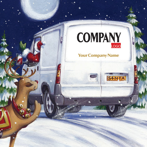 Van with Santa Claus driving through a snowy landscape with trees, featuring a reindeer and a 'Company Logo' on the back.