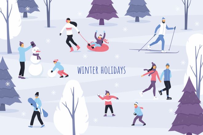 Illustration of people enjoying winter activities in a snowy landscape with trees.