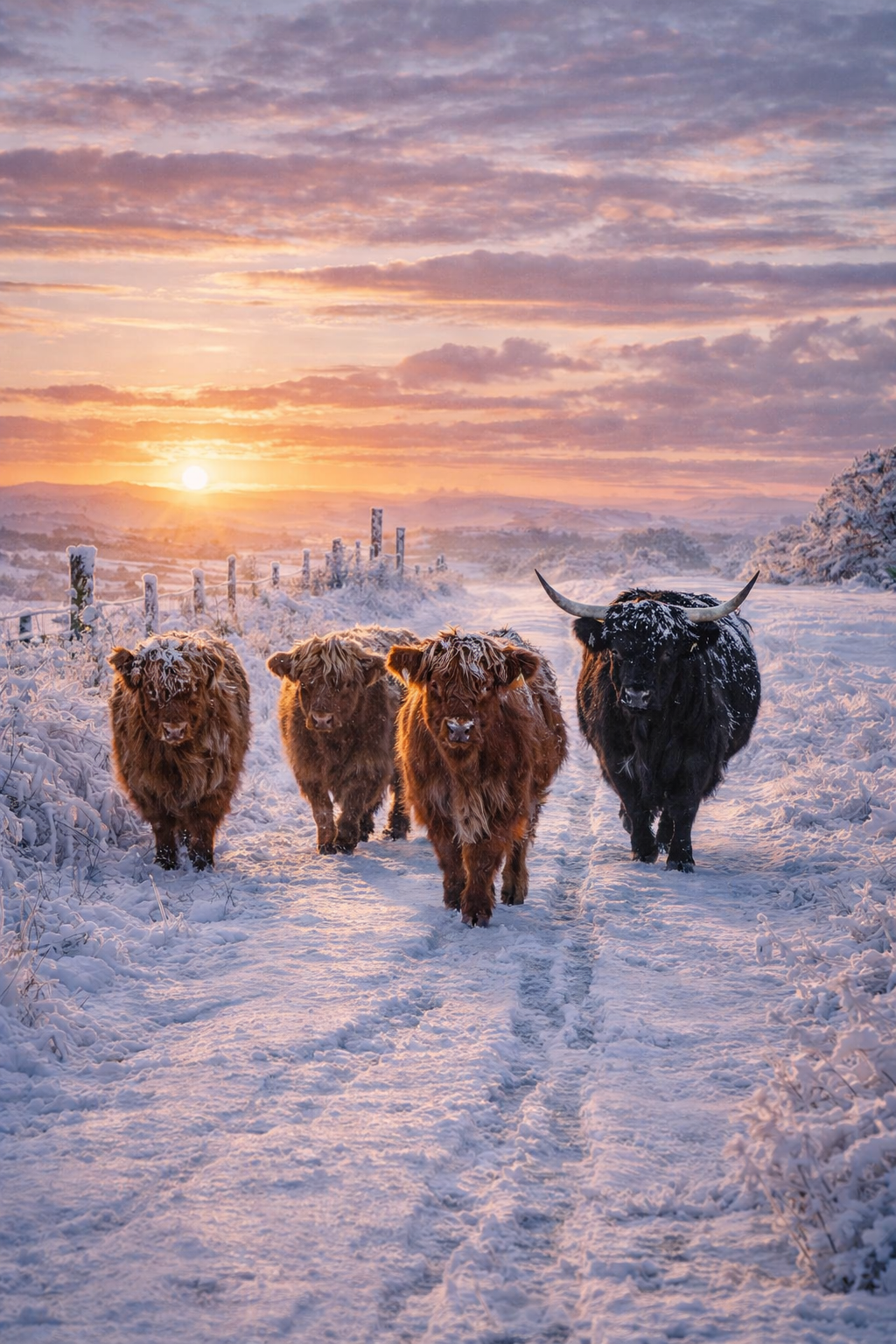 Four Highland cows walk along a snow-covered path at sunset, with frosty fields and a glowing sun in the sky behind them.