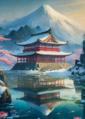 Traditional Japanese temple with Mount Fuji in the background