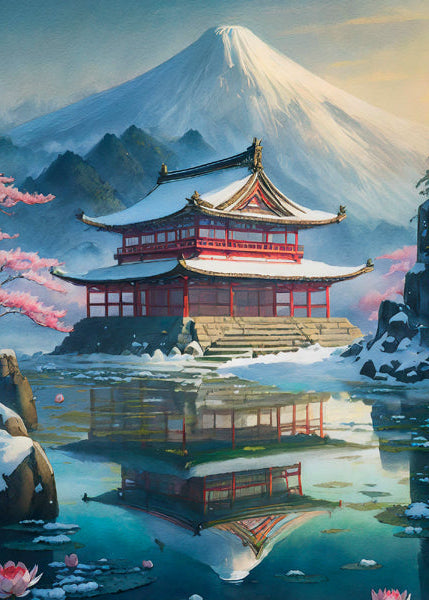 Traditional Japanese temple with Mount Fuji in the background