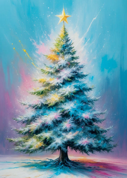 Colorful painting of a Christmas tree with a star on top against a blue background