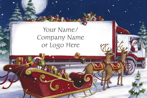 Animated truck with reindeer and Santa Claus in a snowy landscape, featuring space for customization.