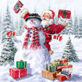 A festive Christmas scene in the snow with Santa Claus standing beside a snowman, both holding wrapped gifts. Several wrapped presents are scattered in the foreground, and decorated evergreen trees fill the snowy background.