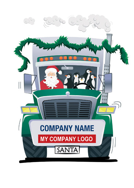 Illustration of a truck with Santa Claus driving, decorated with Christmas trees, on a white background.