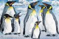 Illustration of penguins on a snowy background