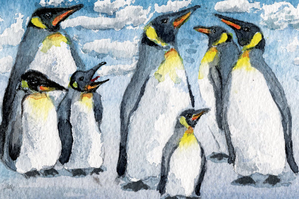 Illustration of penguins on a snowy background