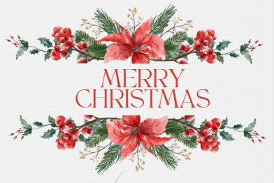 Merry Christmas greeting card design with red poinsettias, green pine branches, holly leaves, and red berries arranged around the words “MERRY CHRISTMAS” in red serif text on a white background.
