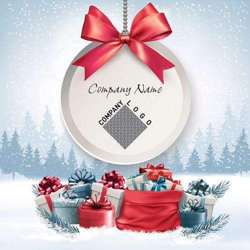 Decorative Christmas ornament with a red bow and space for a company logo, set against a snowy landscape.