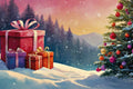 Christmas scene with presents and a decorated tree in a snowy landscape
