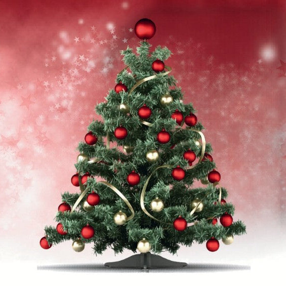 A decorated Christmas tree with green needles, red and gold ornaments, and a gold ribbon, set against a festive red and white background with snowflake graphics.
