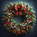 red and green wreath with baubles and ribbon