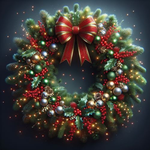 red and green wreath with baubles and ribbon