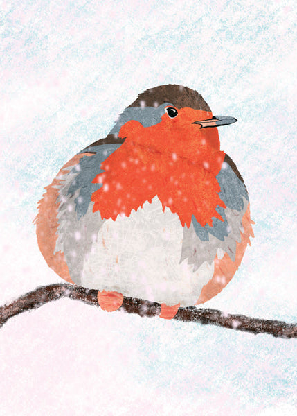 Illustration of a robin on a branch with a snowy background
