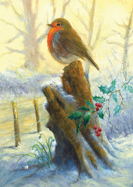 Painting of a robin on a snowy branch with holly berries