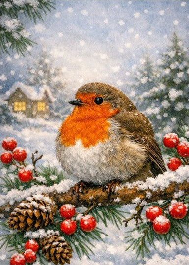 A festive winter scene featuring a robin bird perched on a snow-covered pine branch with red berries and pinecones, set against a snowy landscape with a small glowing house in the background.