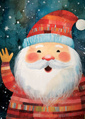 Cartoon Santa Claus waving with a colorful hat and striped shirt against a snowy background