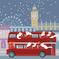 Red double-decker bus with Santa Claus and reindeer in front of Big Ben and the London Eye.