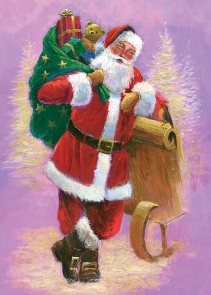 Illustration of Santa Claus with a sack and sleigh on a purple background