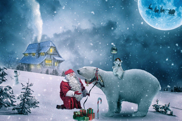 Santa Claus with a polar bear and dog in a snowy landscape with a full moon.