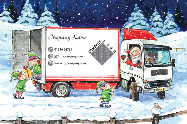 Illustration of a truck in a snowy landscape with elves and Santa Claus, featuring a company logo and contact information.