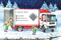 Illustration of a truck in a snowy landscape with elves and Santa Claus, featuring a company logo and contact information.