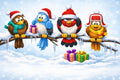A festive winter illustration showing four cartoon birds perched on snowy branches, each wearing a Santa hat or scarf, with wrapped gift boxes below against a snowy blue background.