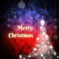 Merry Christmas graphic with glowing white lights forming a Christmas tree on  a red and purple smoke-like background, hanging silver stars, and a grey ornament near the top.