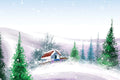 Winter scene with a house and snow-covered trees